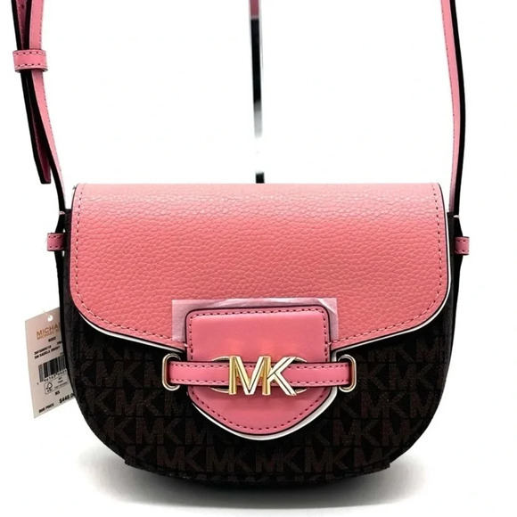 Michael Kors Small Reed Leather Saddle Crossbody Bag Brown/Pink (NWT) - Picture 1 of 12